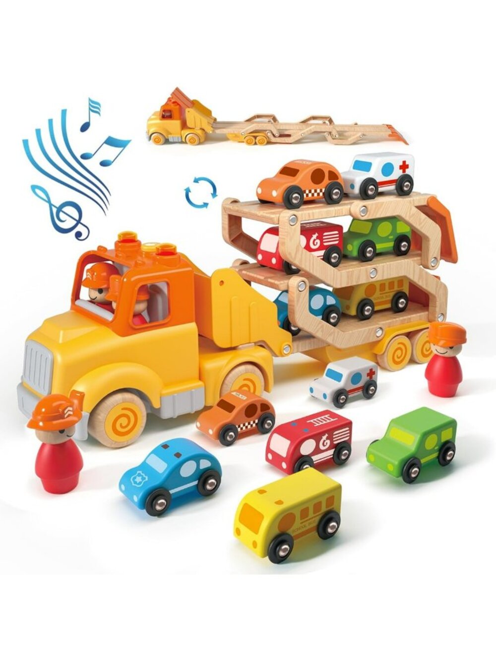 Transport Car Carrier Truck Toy Set for Toddlers, 6 Wooden Vehicles & 30in Track